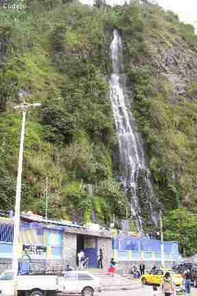 The pools of the Virgin with thermal waters and the waterfall of the Virgen del Agua Santa in Baños