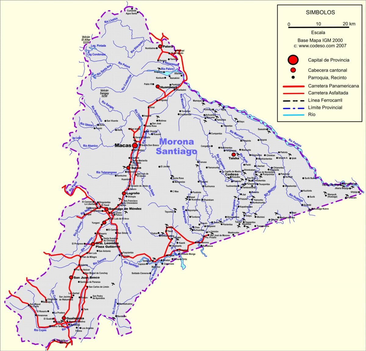 Mapa vial fluvial Morona Santiago Strassen Flüsse Streets Rivers Mapa Map Landkarte Morona Santiago